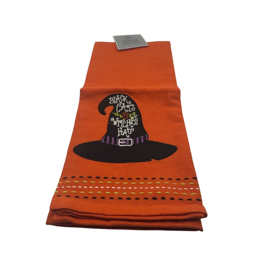 Halloween Embellished Orange Kitchen Towel 18x28 Inches Witch Hat